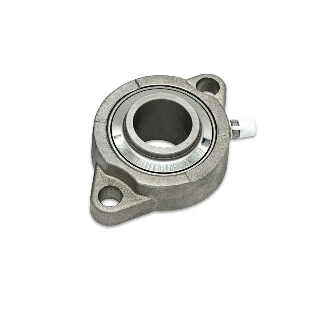 Two-bolt flange bearing with a stainless race, cast housing, and a grease fitting on the side